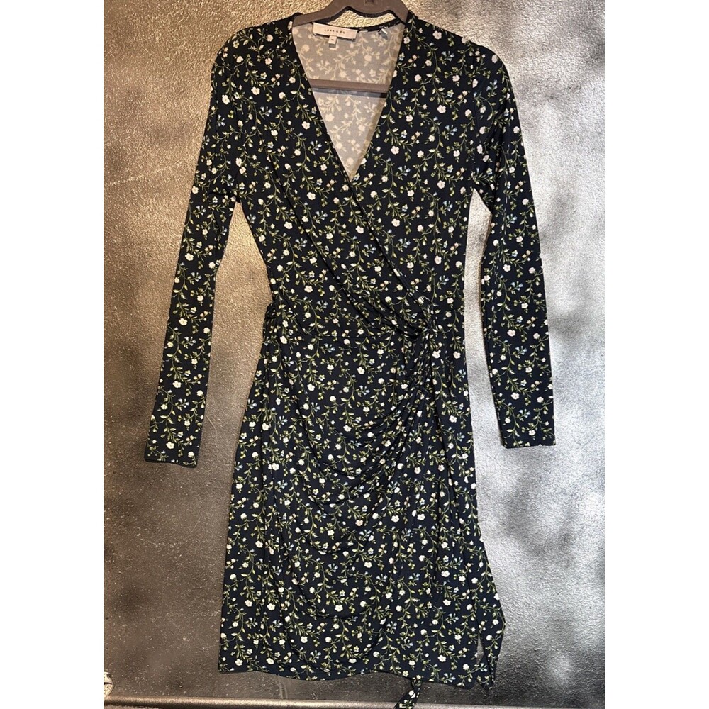 Lark & Ro Blue Yellow Floral Dress M Wrap Style Long Sleeve Soft Romantic Fall